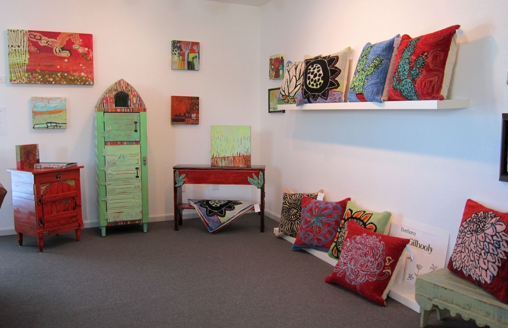 Some of Barbara Gilhooly's paintings, folk art furniture, and "bloomer" pillows. (© 2013 Barbara Gilhooly)