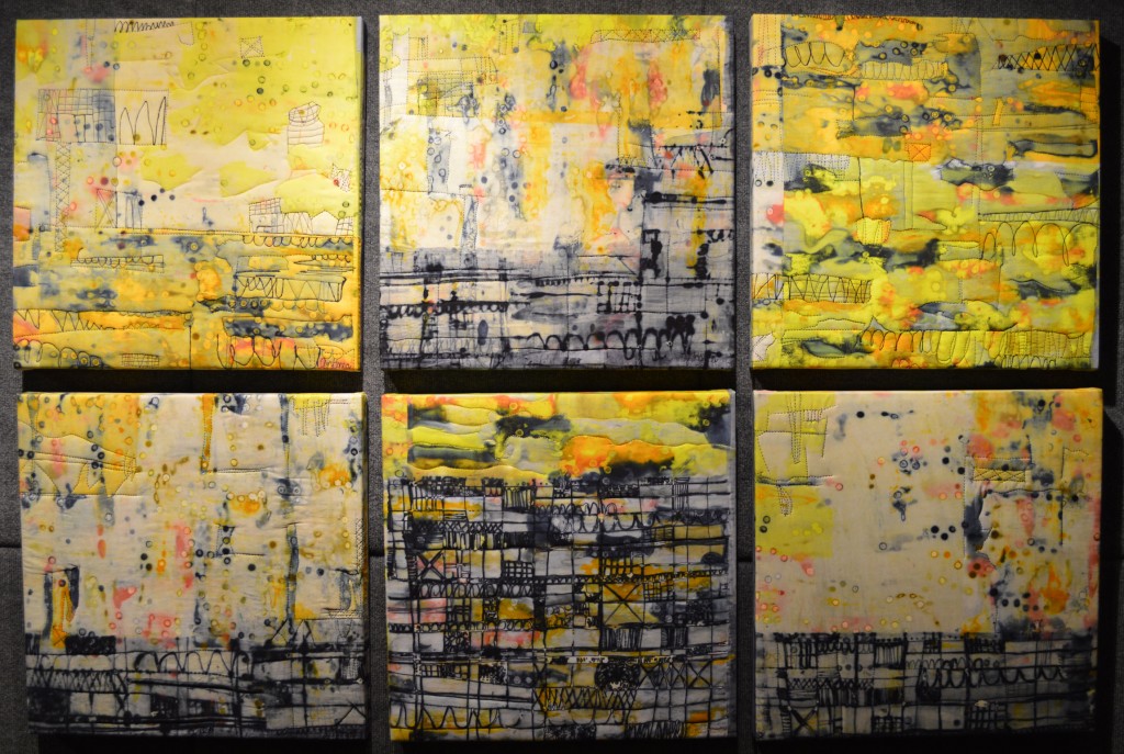 "Big City" (6 stitched deconstructed dye drawings stretched and mounted around 20"x20" canvas panels) ©2014 Ayn Hanna