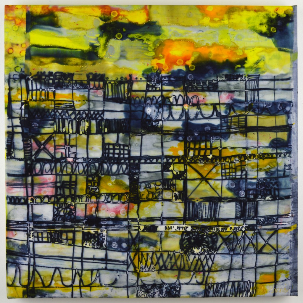 "Big City #5", Dye Drawing (100% cotton cloth, procion mx dyes), cotton batting, stitching, (20"x20") ©2014 Ayn Hanna