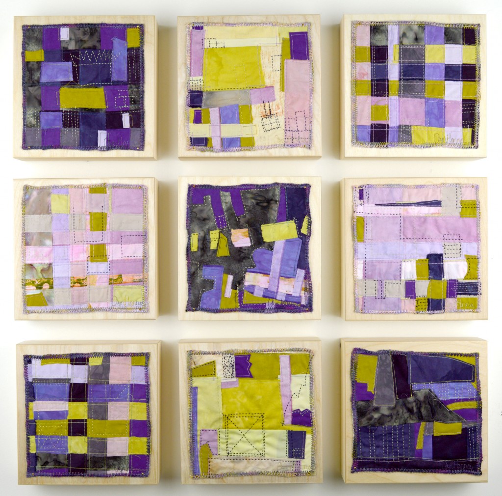 "Orchid Grid #1 through #9", Nine 8"x8" textile paintings, each mounted to birch panels.  ©2014 Ayn Hanna