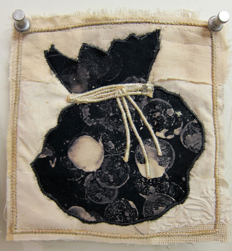 "Bag o' Rocks", 5"x5", textile painting (fabrics, stitching)