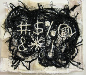 "Angry Girl", 5 x 5.5 inches, mini textile painting (fabrics, stitching) ©2014 