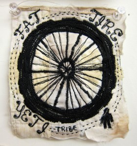 "Fat Tire Yeti Tribe", 5 x 4 inches, mini textile painting, ©2014 Ayn Hanna