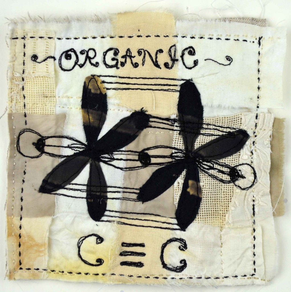 "Carbon-Carbon Triple Bond", 5 x 5 inches, mini textile painting (vintage fabrics, stitching) © Ayn Hanna