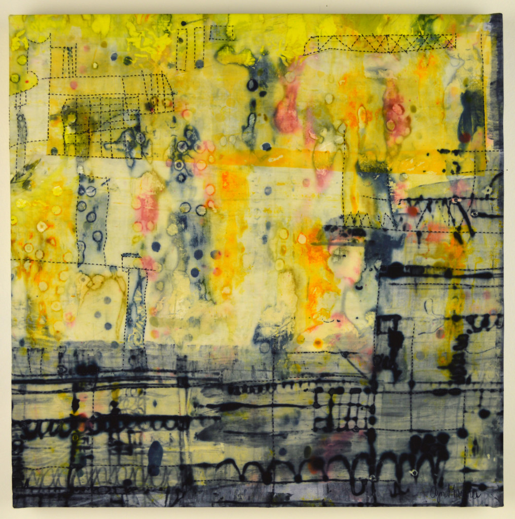 "Big City #2", 20 x 20 inches (dye drawing on cotton, stitched and mounted to stretcher frame) ©2014 Ayn Hanna