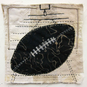 "Football", Mini Textile Painting (fabrics, stitching), mounted on 8 x 8 x 2 inch birch panel