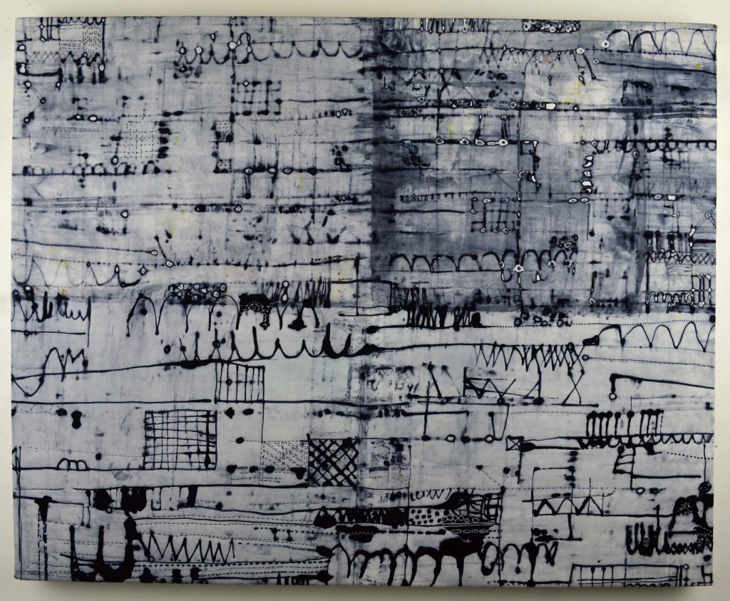 "City Lines", 29 x 36 inches, Dye Drawing (cotton fabric, dye, stitching, batting) gallery wrapped over canvas stretcher frame, © Ayn Hanna