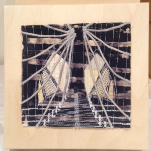 "NYC: Brooklyn Bridge", 8 x 8 inches, hand-dyed fabrics, stitching, birch panel.  © Ayn Hanna