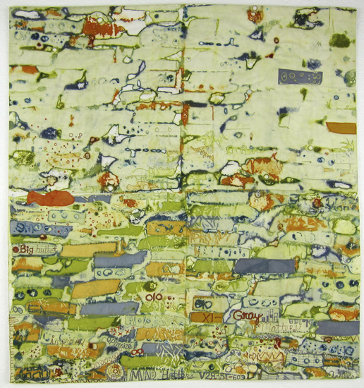 cotton fabrics, deconstructed screen-printed with dye and hand-dyed, applique, cotton batting, cotton stitching and thread painting